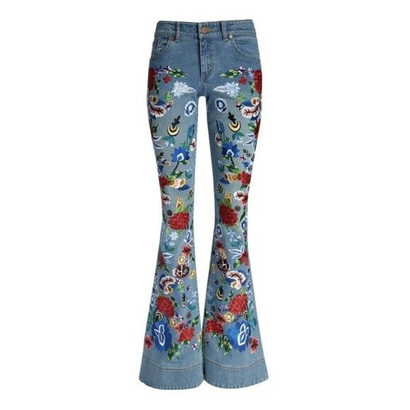 Alice + Olivia Ryley Floral Embroidered Bell Jeans Vintage Wash - Picture 3 of 10